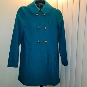 Teal color fall coat with brass buttons